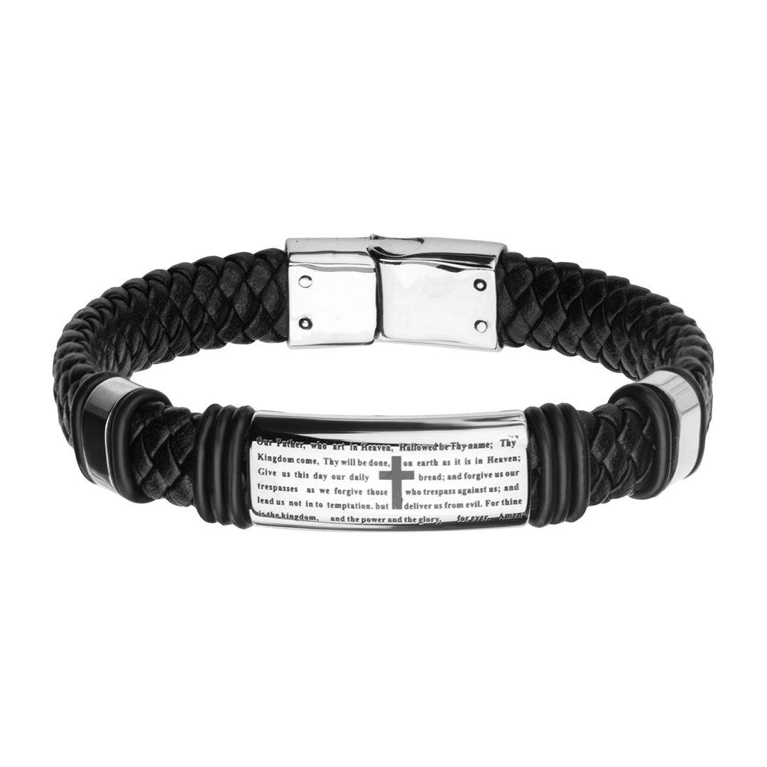 Black Braided Leather with Lords Prayer ID Steel Bracelet