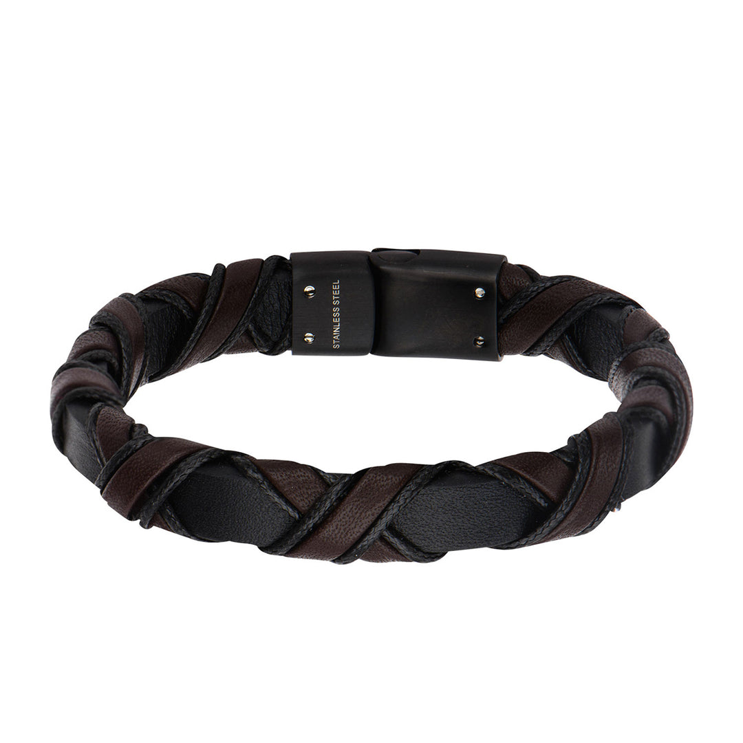 Black IP Clasp with Woven Black & Dark Brown Full Grain Cowhide Leather Bracelet