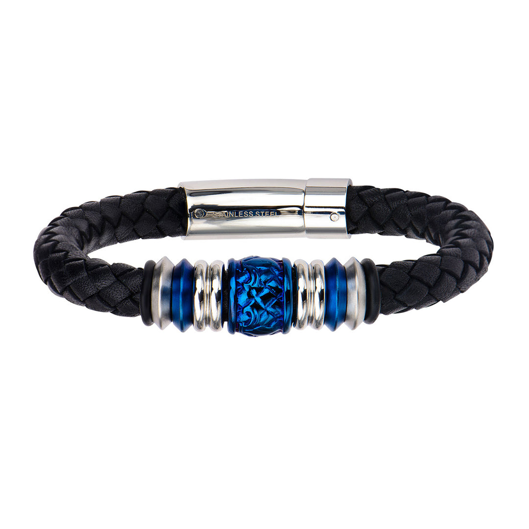 Steel & Blue IP Bead in Black Braided Full Grain Cowhide Leather Bracelet