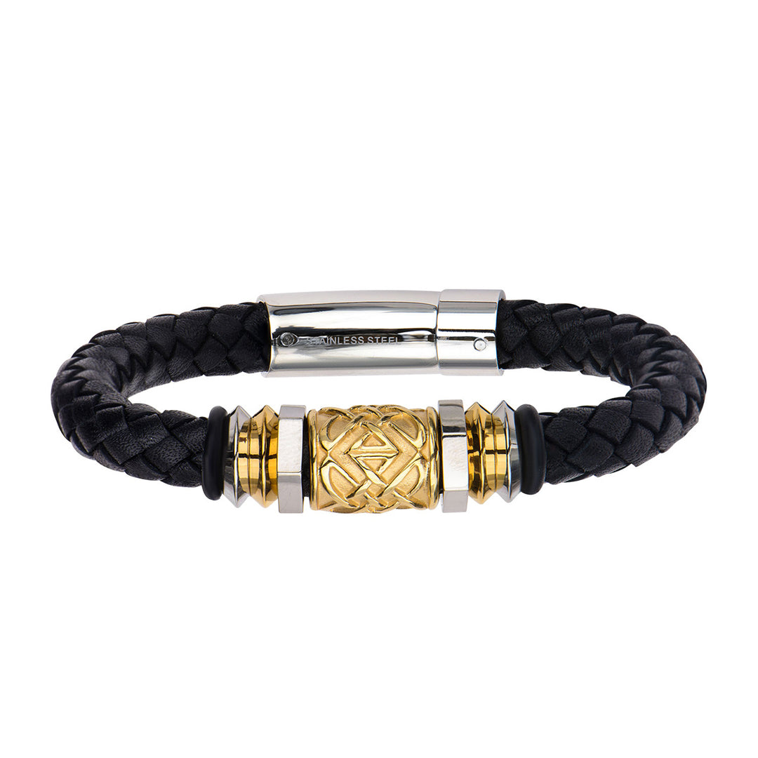 Steel & Gold IP Bead in Black Braided Full Grain Cowhide Leather Bracelet