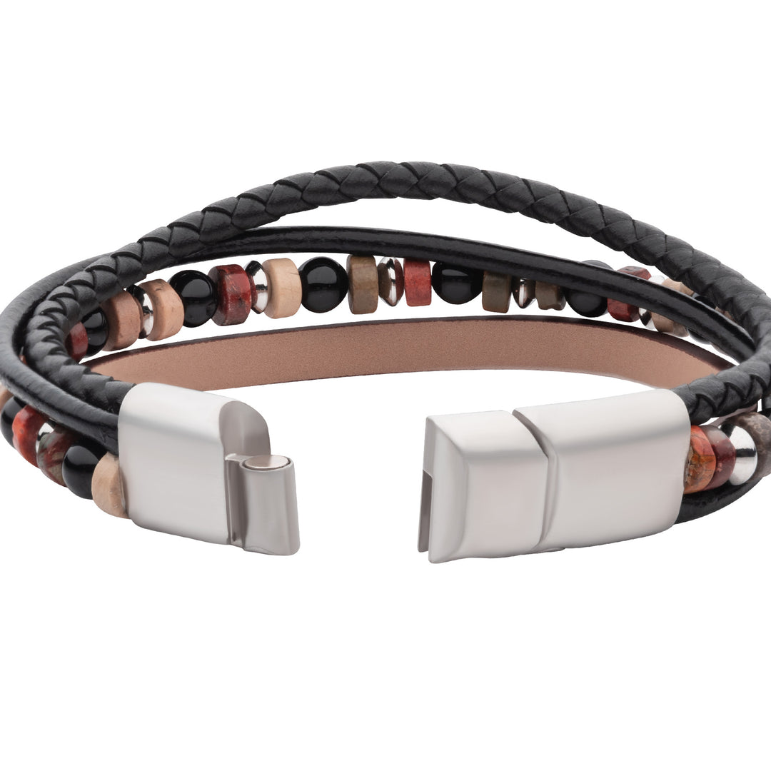 Brown & Black Full Grain Cowhide Leather with Black Onyx & Bloodstone Bead Multi-Strand Bracelet