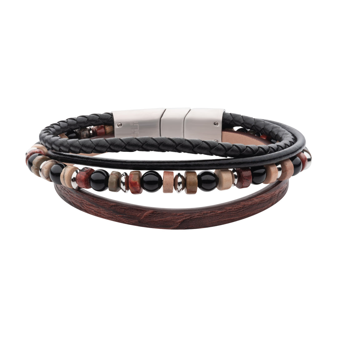 Brown & Black Full Grain Cowhide Leather with Black Onyx & Bloodstone Bead Multi-Strand Bracelet