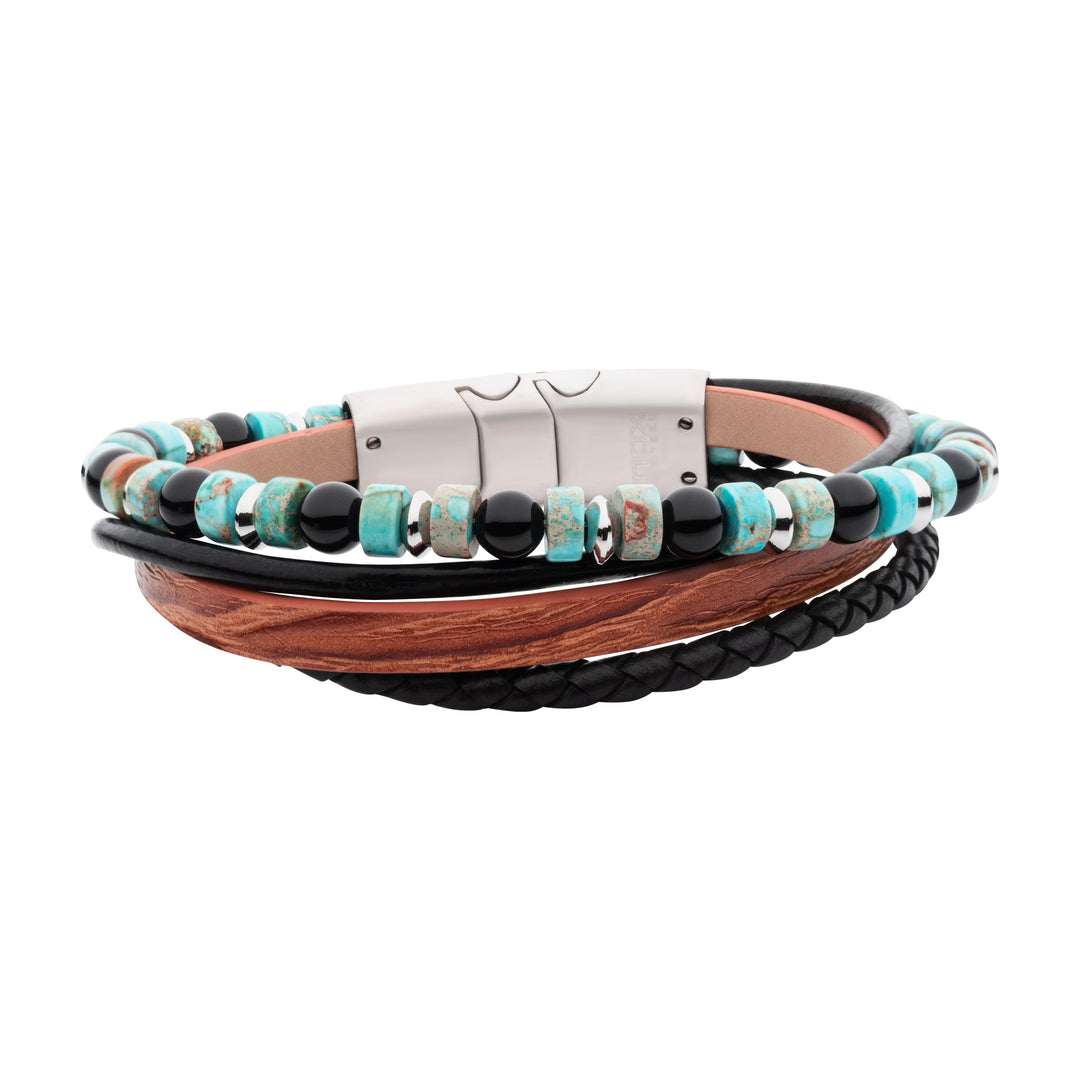 Brown & Black Full Grain Cowhide Leather with Black Onyx & Green Emperor Stone Bead Multi-Strand Bracelet