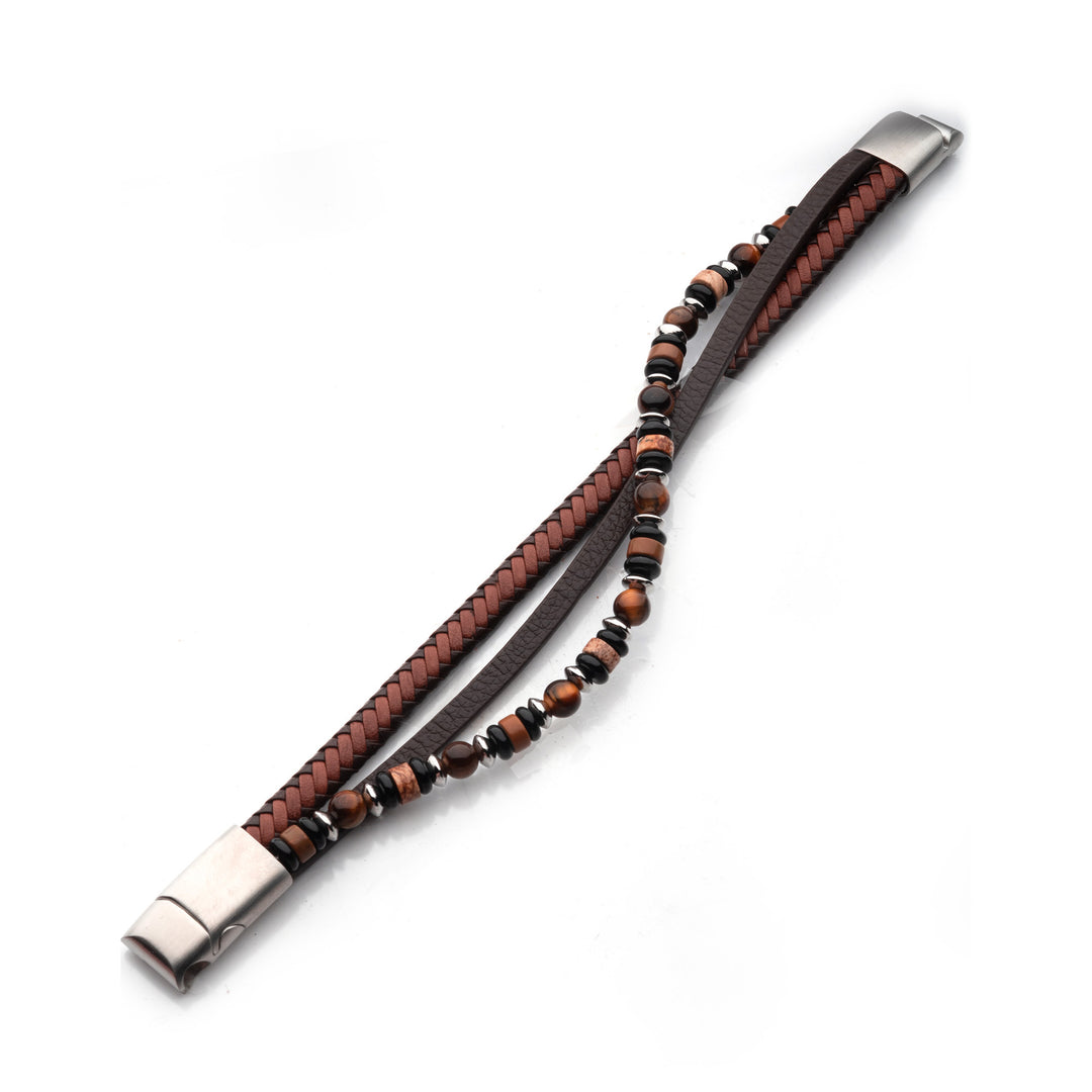 Brown Full Grain Cowhide Leather with Black Onyx,Tigers Eye & Piccaso Jasper Stone Bead Multi-Strand Bracelet