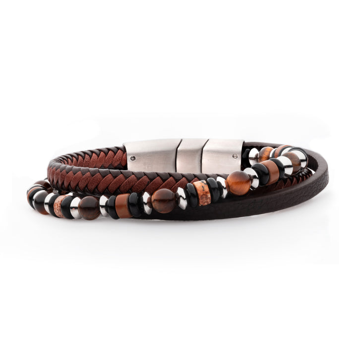 Brown Full Grain Cowhide Leather with Black Onyx,Tigers Eye & Piccaso Jasper Stone Bead Multi-Strand Bracelet