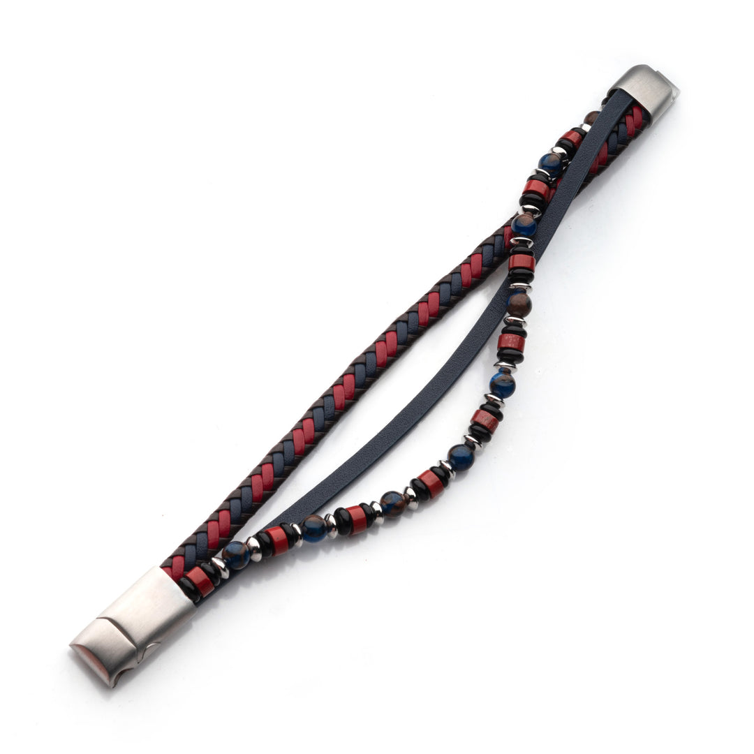 Multicolor Full Grain Cowhide Leather with Black Onyx, Blue Golden & Red Agate Stone Bead Multi-Strand Bracelet