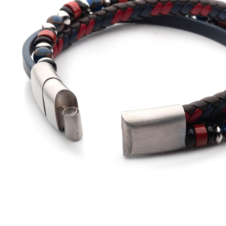 Multicolor Full Grain Cowhide Leather with Black Onyx, Blue Golden & Red Agate Stone Bead Multi-Strand Bracelet