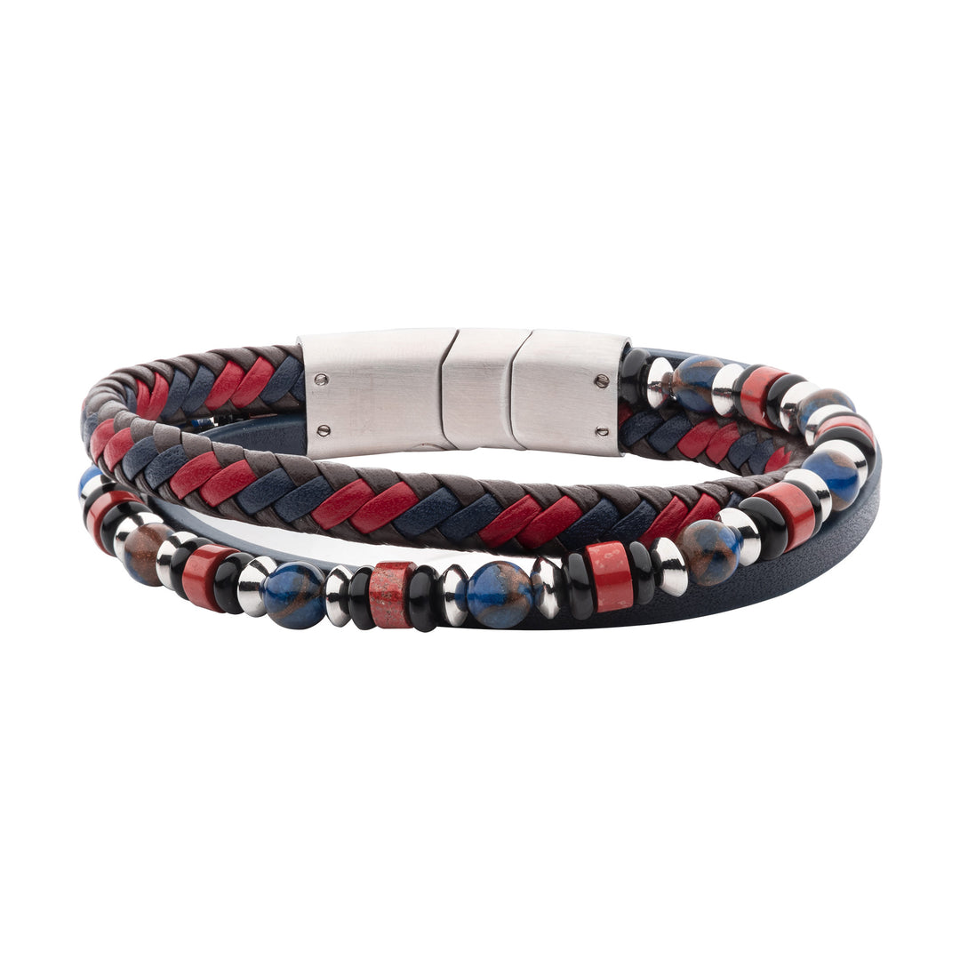 Multicolor Full Grain Cowhide Leather with Black Onyx, Blue Golden & Red Agate Stone Bead Multi-Strand Bracelet