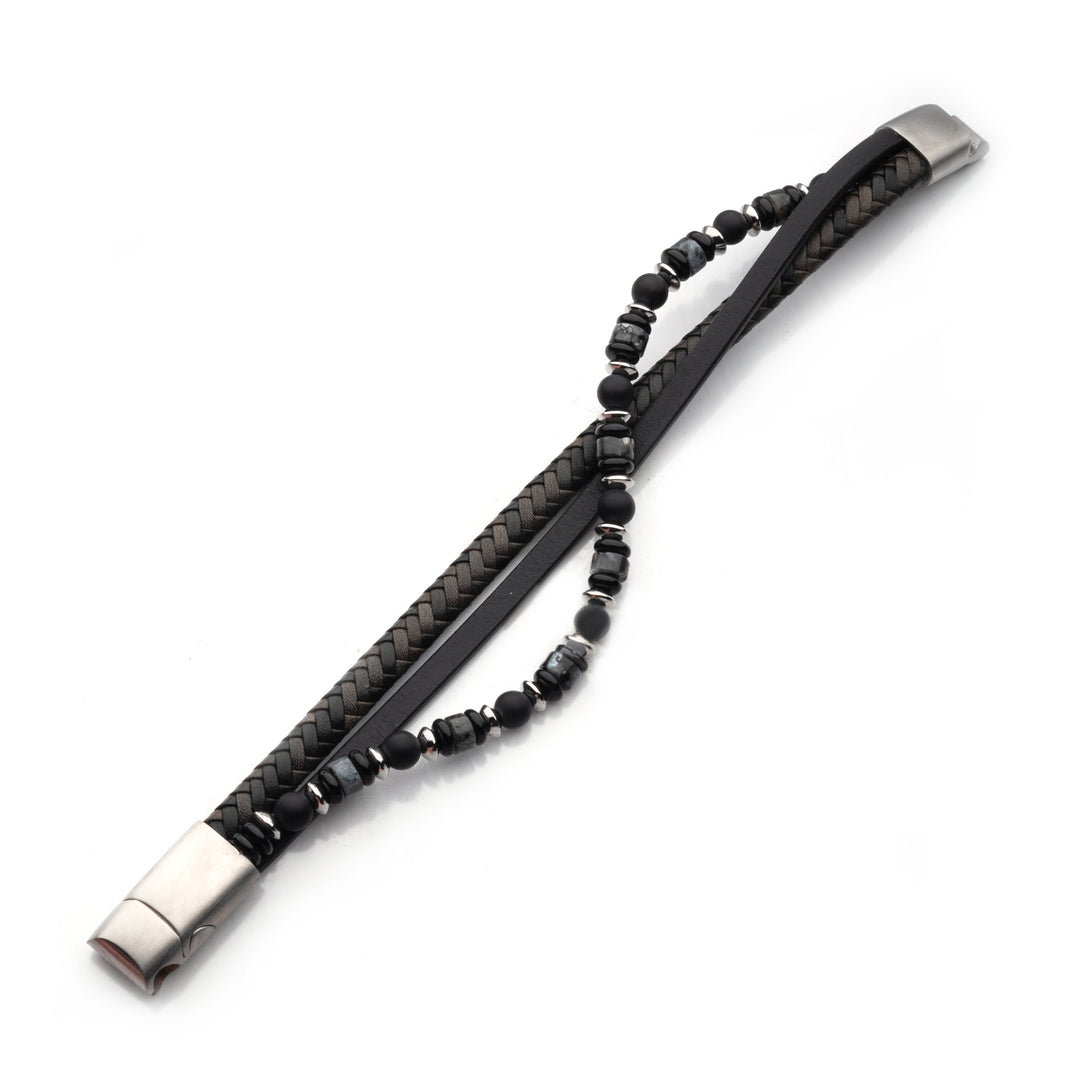 Black & Grey Full Grain Cowhide Leather with Black Onyx & White Howlite Stone Bead Multi-Strand Bracelet