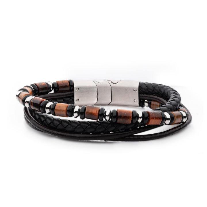 Black & Brown Full Grain Cowhide Leather with Black Onyx & Tigers Eye Stone Bead Multi-Strand Bracelet