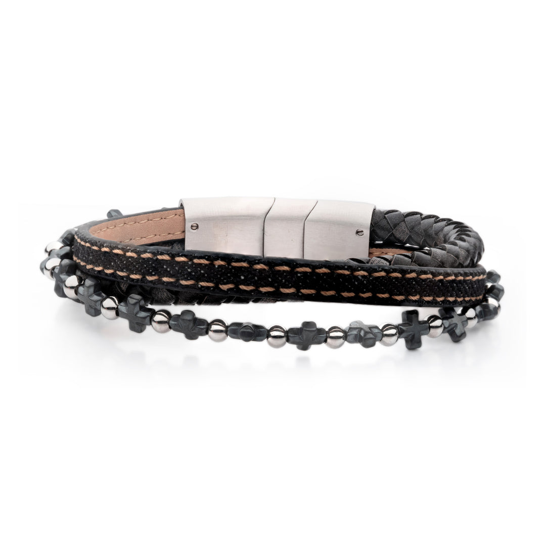 Denim, Black & Brown Full Grain Cowhide Leather with Hematite Cross Bead Multi-Strand Bracelet