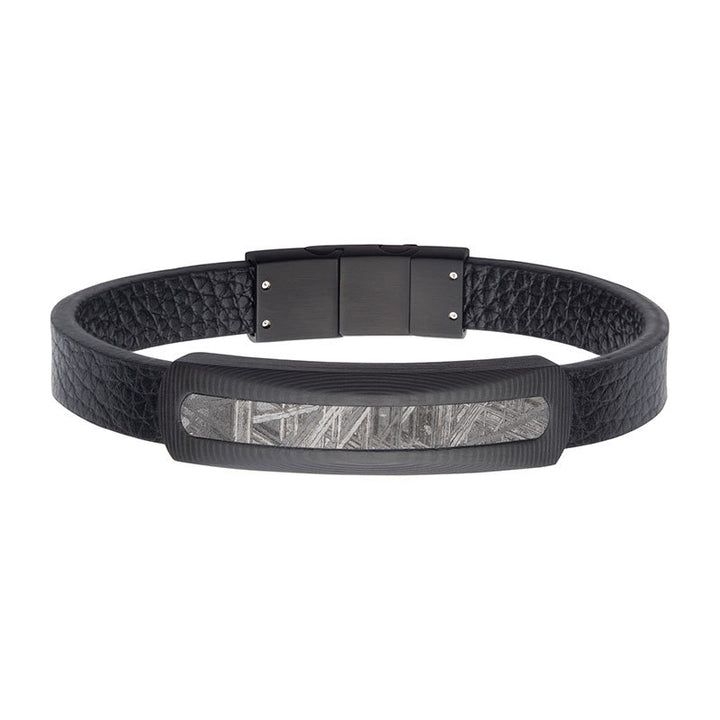 Carbon Fiber Meteorite Inlay Black Leather Bracelet