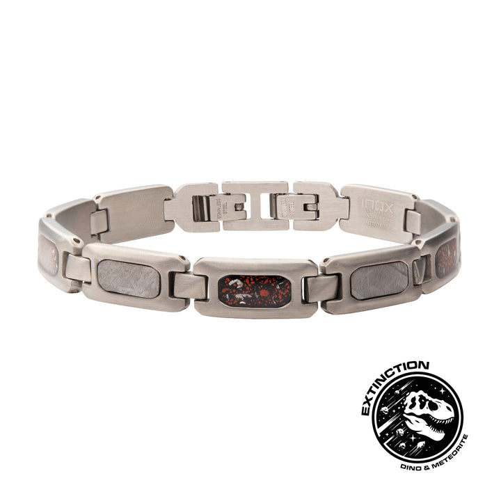 Gun Metal IP Steel Matte Finish Meteorite & Black Dinosaur Bone Inlay Link Bracelet