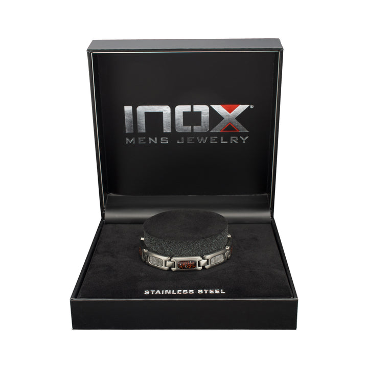 Gun Metal IP Steel Matte Finish Meteorite & Black Dinosaur Bone Inlay Link Bracelet