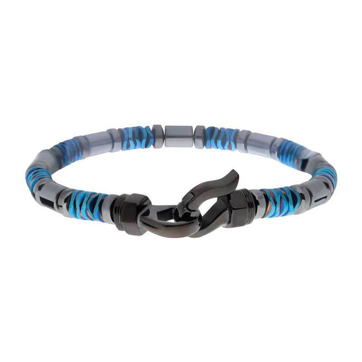 Black & Blue Hematite Beads Bracelet with Hinged Steel Hook Clasp