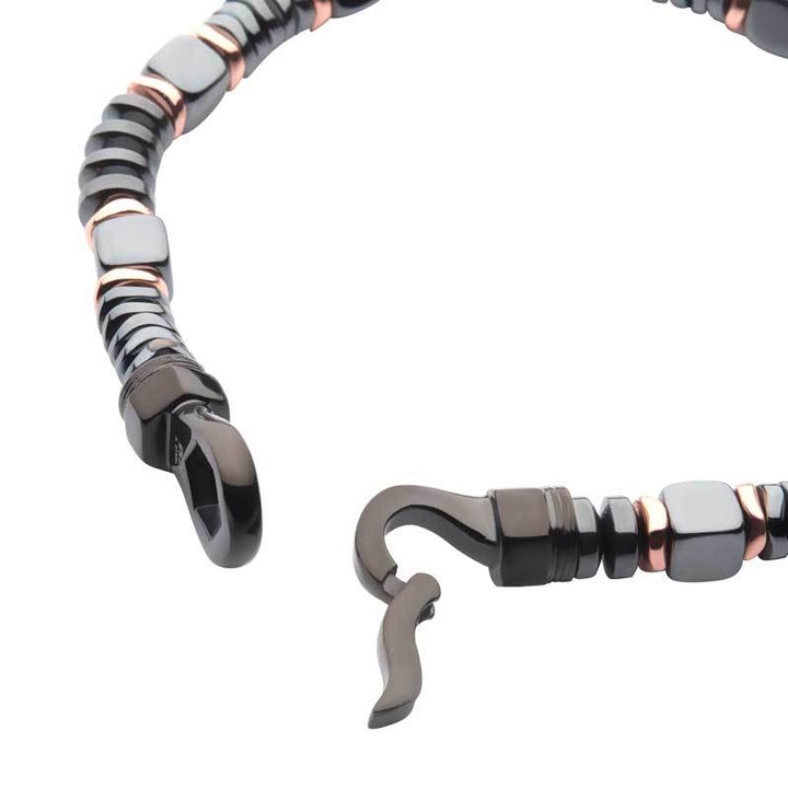 Black & Rose Gold Hematite Beads Bracelet with Hinged Steel Hook Clasp