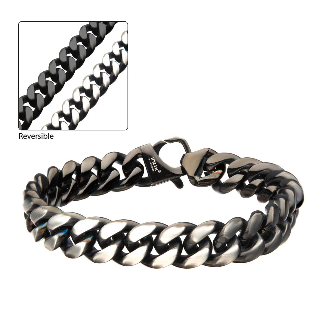 Stainless Steel Matte/ Antiqued & Black IP Reversible Big Curb Chain Colossi Bracelet