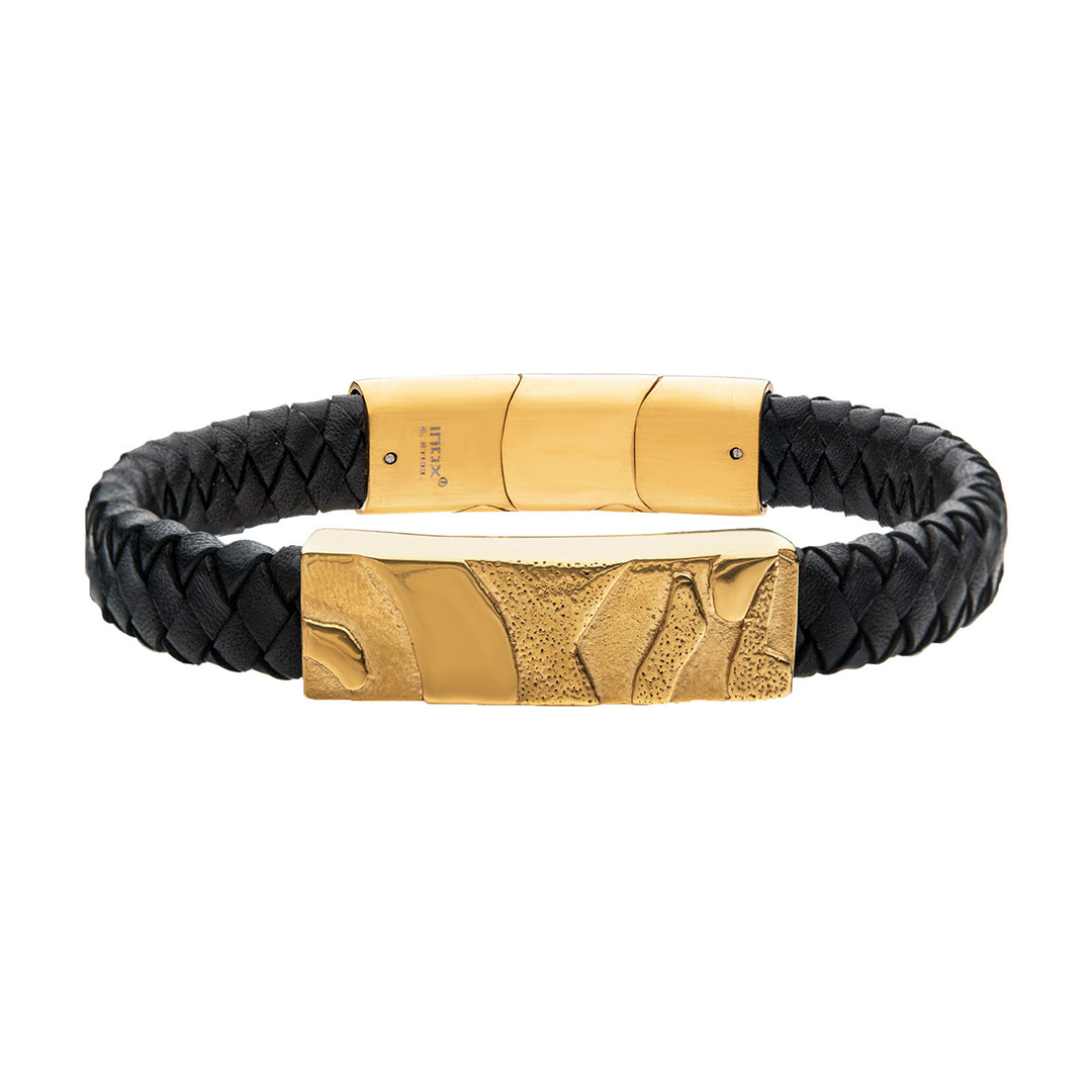 Black Leather with Gold IP 3D Canyon Pattern Bracelet