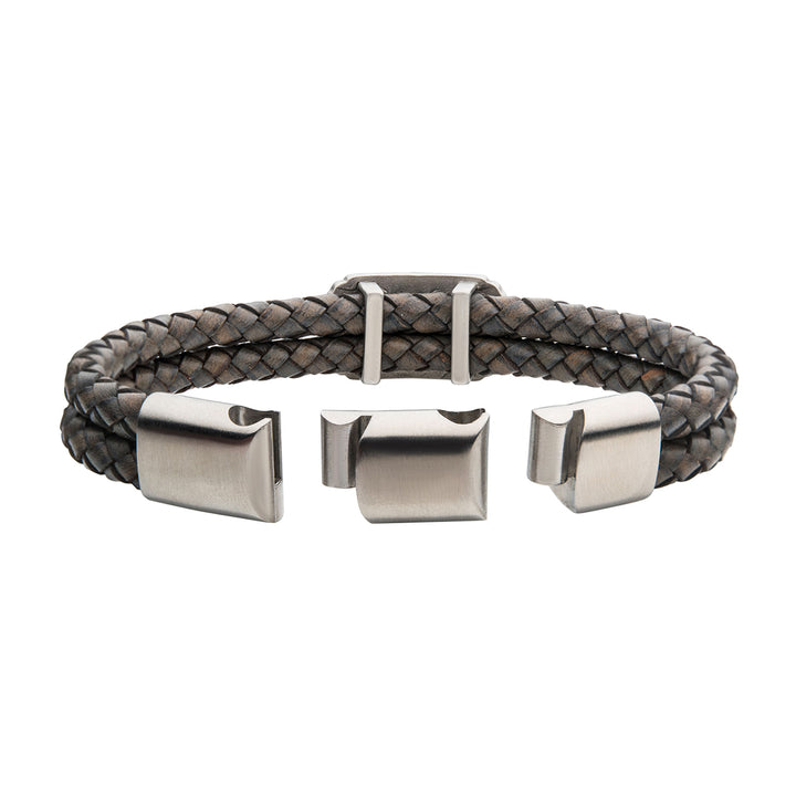 Double Strand Gray Leather with Brushed Steel Longhorn Bracelet