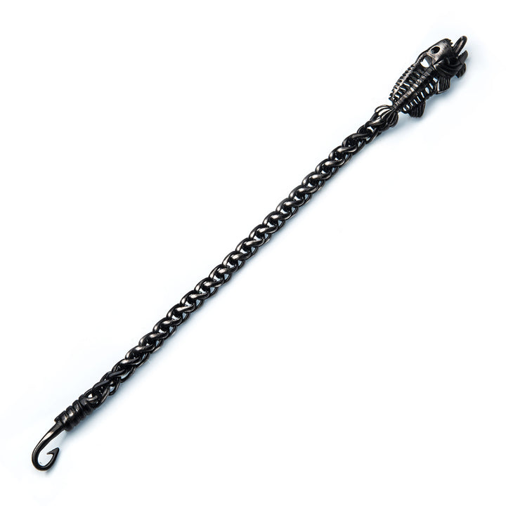 Gun Metal IP Wheat Chain with Fishbone on Hook Clasp Bracelet