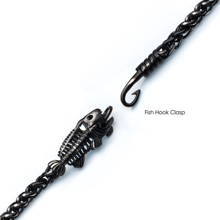 Gun Metal IP Wheat Chain with Fishbone on Hook Clasp Bracelet