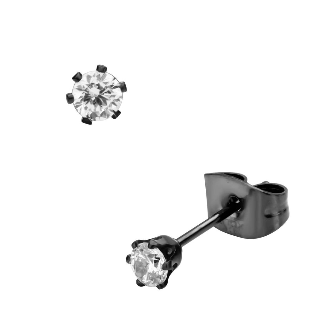 Black IP Steel with Clear CZ Stud Earrings (Unisex)