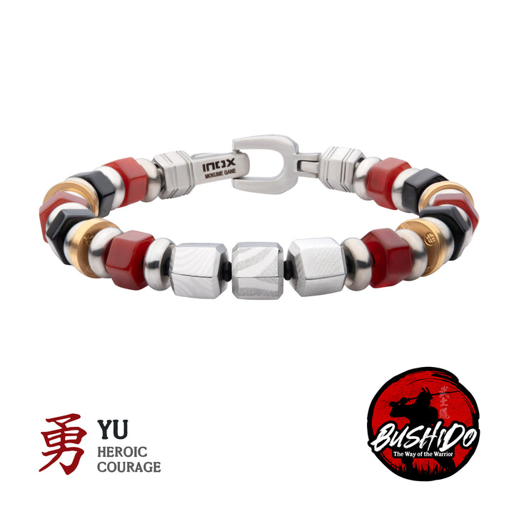 8mm Mokume Gane, Red Agate and Onyx Beads Bushido Virtue Bracelet - YU: Heroic Courage