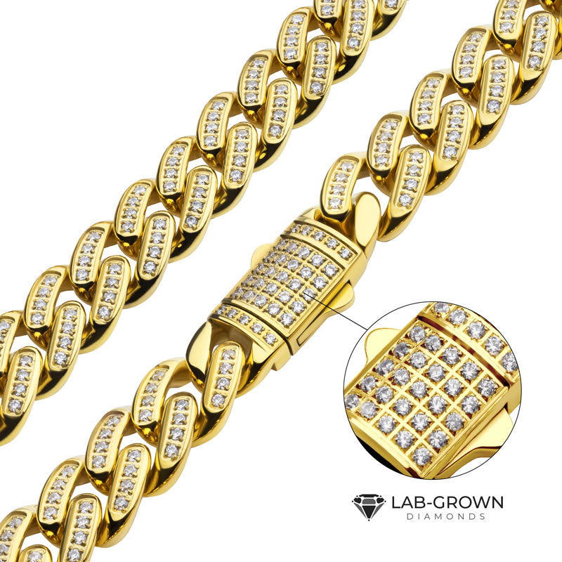 12mm 18Kt Gold IP Miami Cuban Chain Necklace with CNC Precision Set Full Clear Lab-grown Diamonds Double Tab Box Clasp