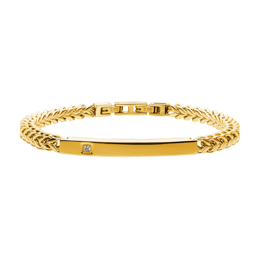 18Kt Gold IP Franco Chain ID Bracelet with Clear Genuine Diamond