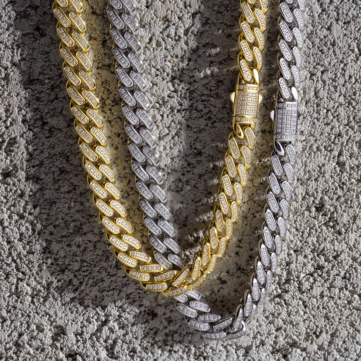 12mm Steel Miami Cuban Chain Necklace with CNC Precision Set Full Clear Lab-grown Diamonds Double Tab Box Clasp