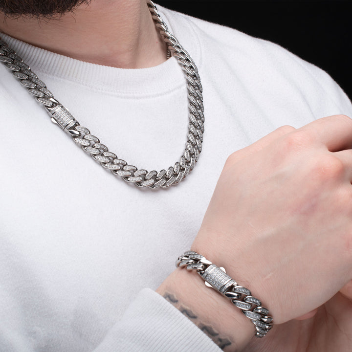 12mm Steel Miami Cuban Chain Necklace with CNC Precision Set Full Clear Lab-grown Diamonds Double Tab Box Clasp