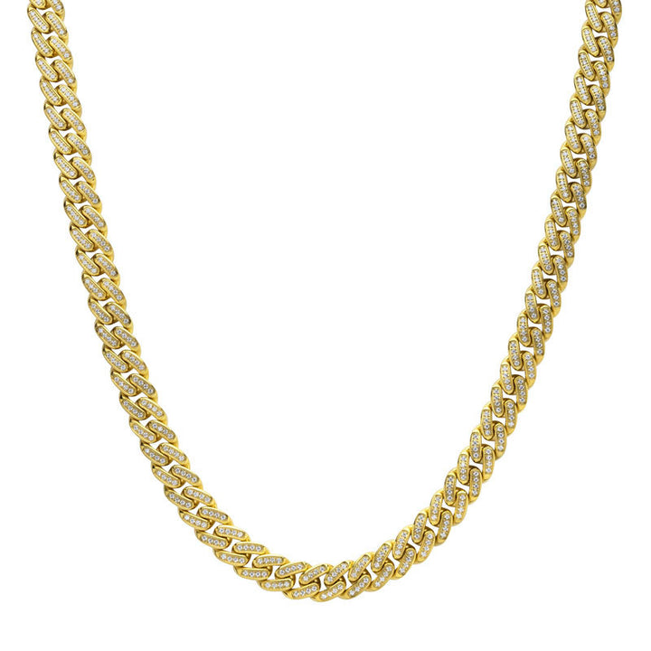 12mm 18Kt Gold IP Miami Cuban Chain Necklace with CNC Precision Set Full Clear Lab-grown Diamonds Double Tab Box Clasp