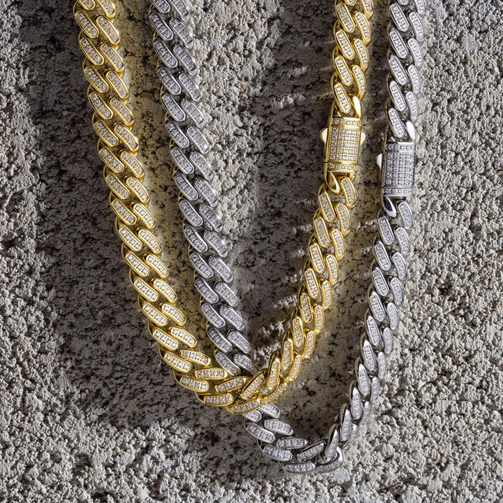 12mm 18Kt Gold IP Miami Cuban Chain Necklace with CNC Precision Set Full Clear Lab-grown Diamonds Double Tab Box Clasp