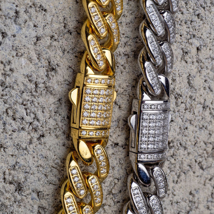 12mm Steel Miami Cuban Chain Bracelet with CNC Precision Set Full Clear Lab-grown Diamonds Double Tab Box Clasp