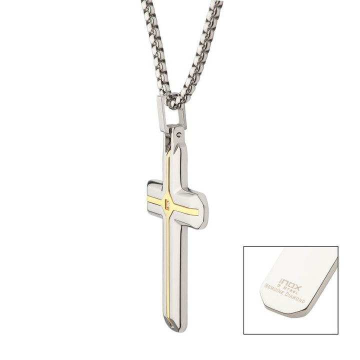 18Kt Gold IP Steel Two Tone Solitaire Accented Clear Lab-Grown Diamond Cross Pendant