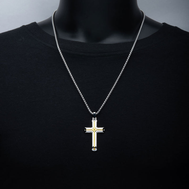 18Kt Gold IP Steel Two Tone Solitaire Accented Clear Lab-Grown Diamond Cross Pendant