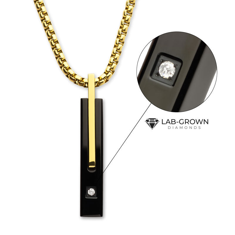 18Kt Gold IP and Black IP Steel Solitaire Accented Clear Lab-Grown Diamond Drop Pendant