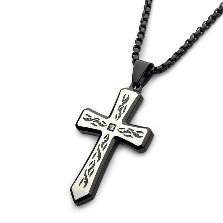 Black IP Tribal Cross Pendant with 2mm Lab-grown Diamond