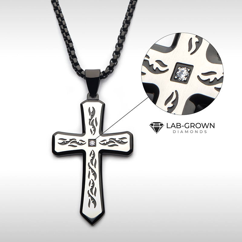 Black IP Tribal Cross Pendant with 2mm Lab-grown Diamond