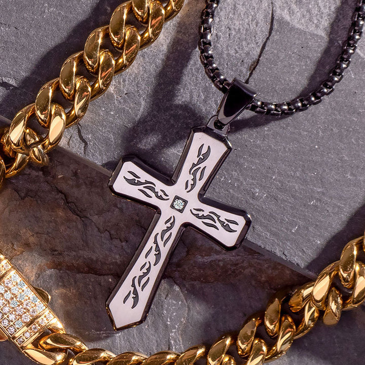 Black IP Tribal Cross Pendant with 2mm Lab-grown Diamond