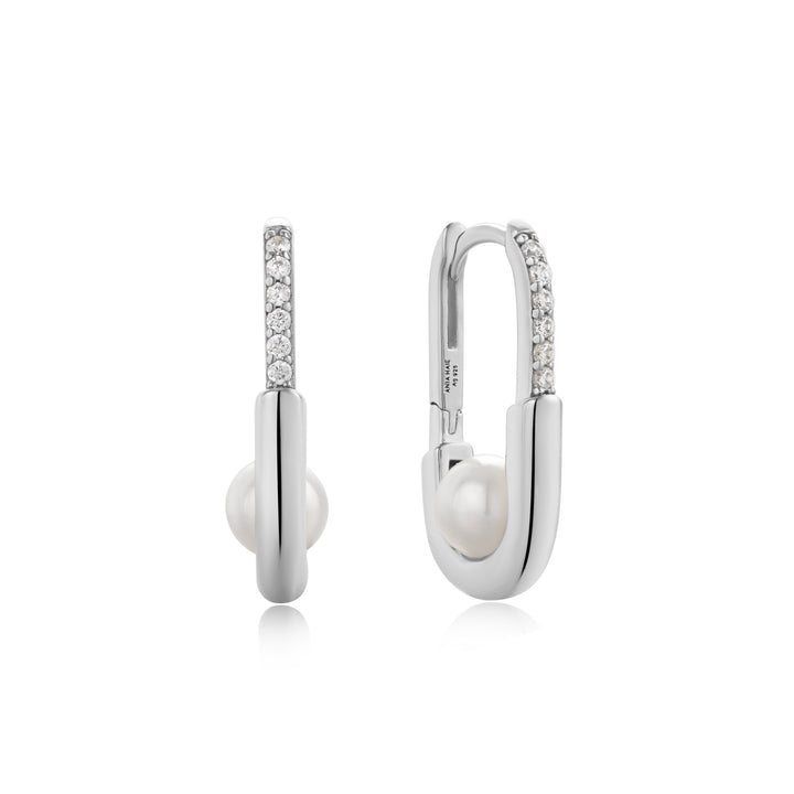 Silver Pearl Interlock Oval Hoop Earrings