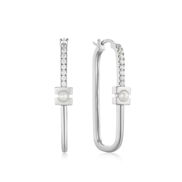 Silver Pearl Modernist Oval Hoop Earrings