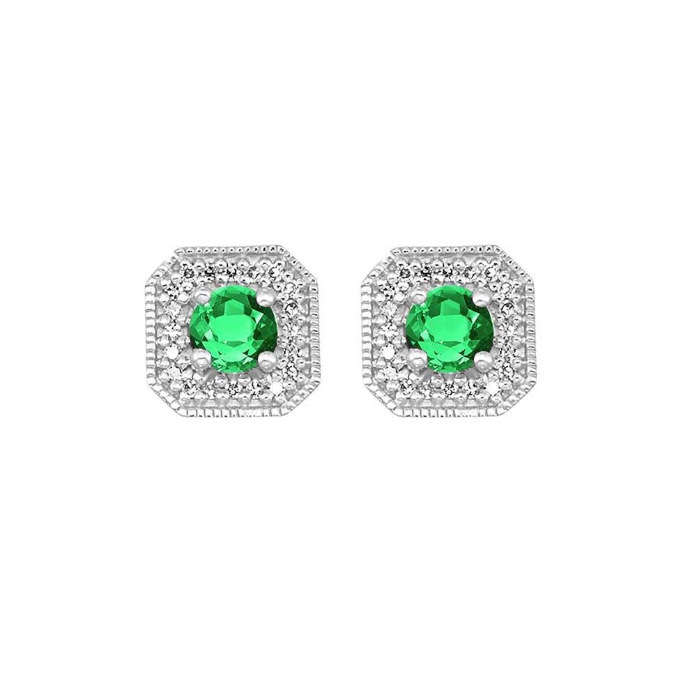 10Kt White Gold Diamond 1/10Ctw & Created-Emerald 1/2Ctw Earring