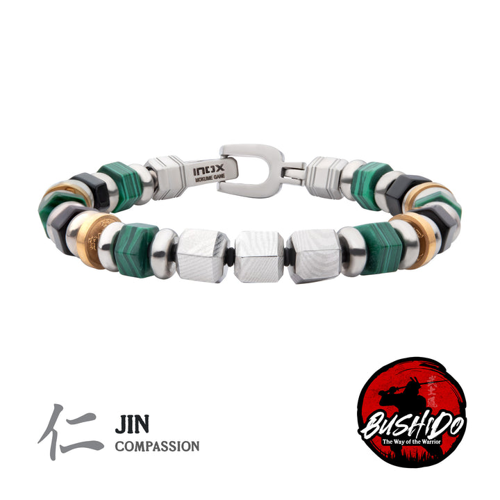 8mm Mokume Gane, Malachite and Onyx Beads Bushido Virtue Bracelet - JIN: Compassion