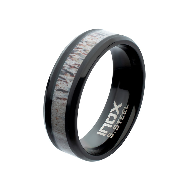 8mm Black IP Deer Antler Inlay Comfort Fit Ring