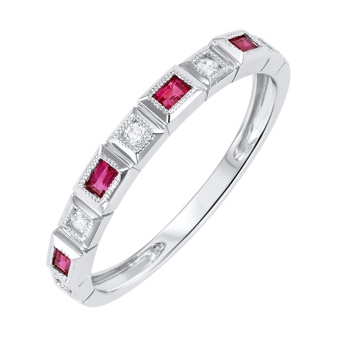 14Kt White Gold Diamond 1/10Ctw & Ruby 1/5Ctw Ring