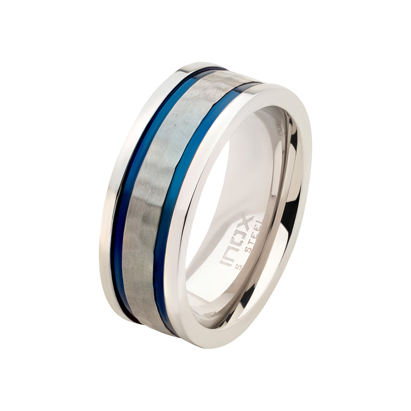 8mm Hammered Steel Center Comfort Fit Ring with Thin Blue IP Lines