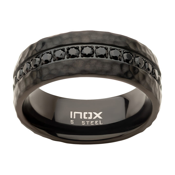 Black IP with CNC Set Black CZ Hammered Ring