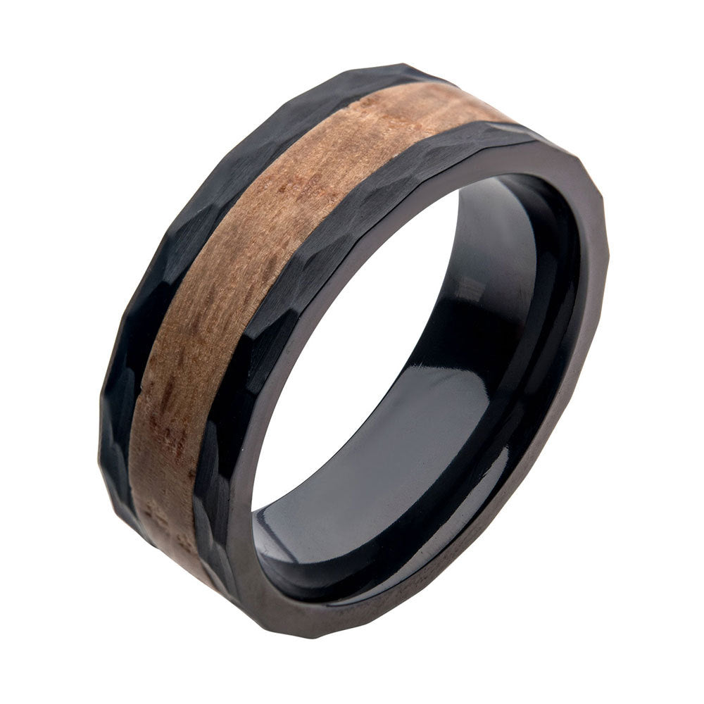 8mm Whiskey Barrel Wood Inlay Black IP Steel Comfort Fit Ring