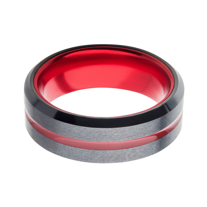 Red Aluminum Inlay Black IP Steel Beveled Comfort Fit Ring